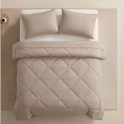 Nórdico 2 en 1 OZOVIO beige crema sobre una cama doble, funda cosida, sin sábanas