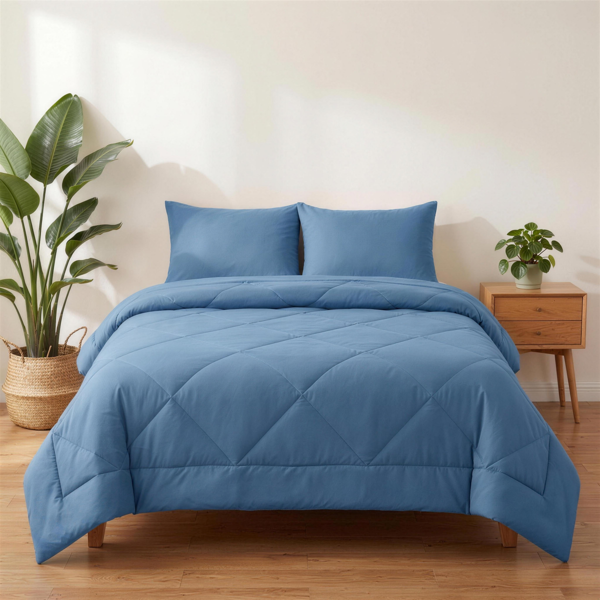 Nórdico 2 en 1 OZOVIO azul costero sobre una cama doble, funda cosida, sin sábanas