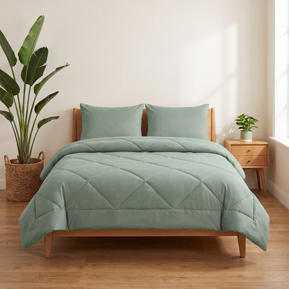 Nórdico 2 en 1 OZOVIO verde menta suave sobre una cama doble, funda cosida, sin sábanas