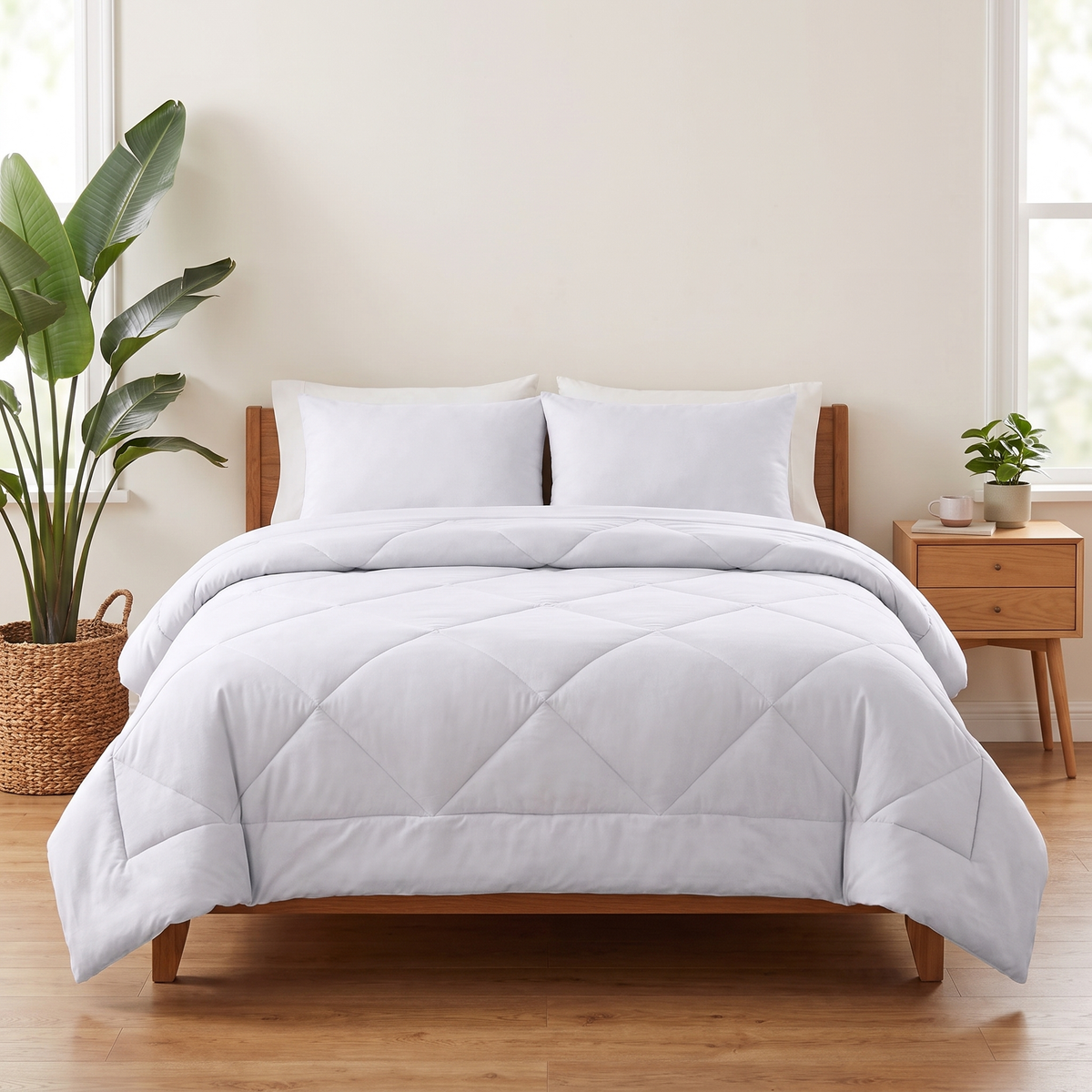 Nórdico 2 en 1 OZOVIO blanco nieve sobre una cama doble, funda cosida, sin sábanas