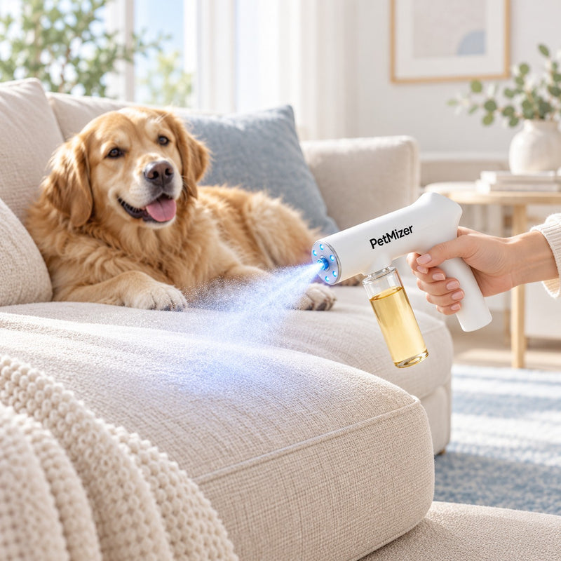 PetMizer sur un canapé en tissu